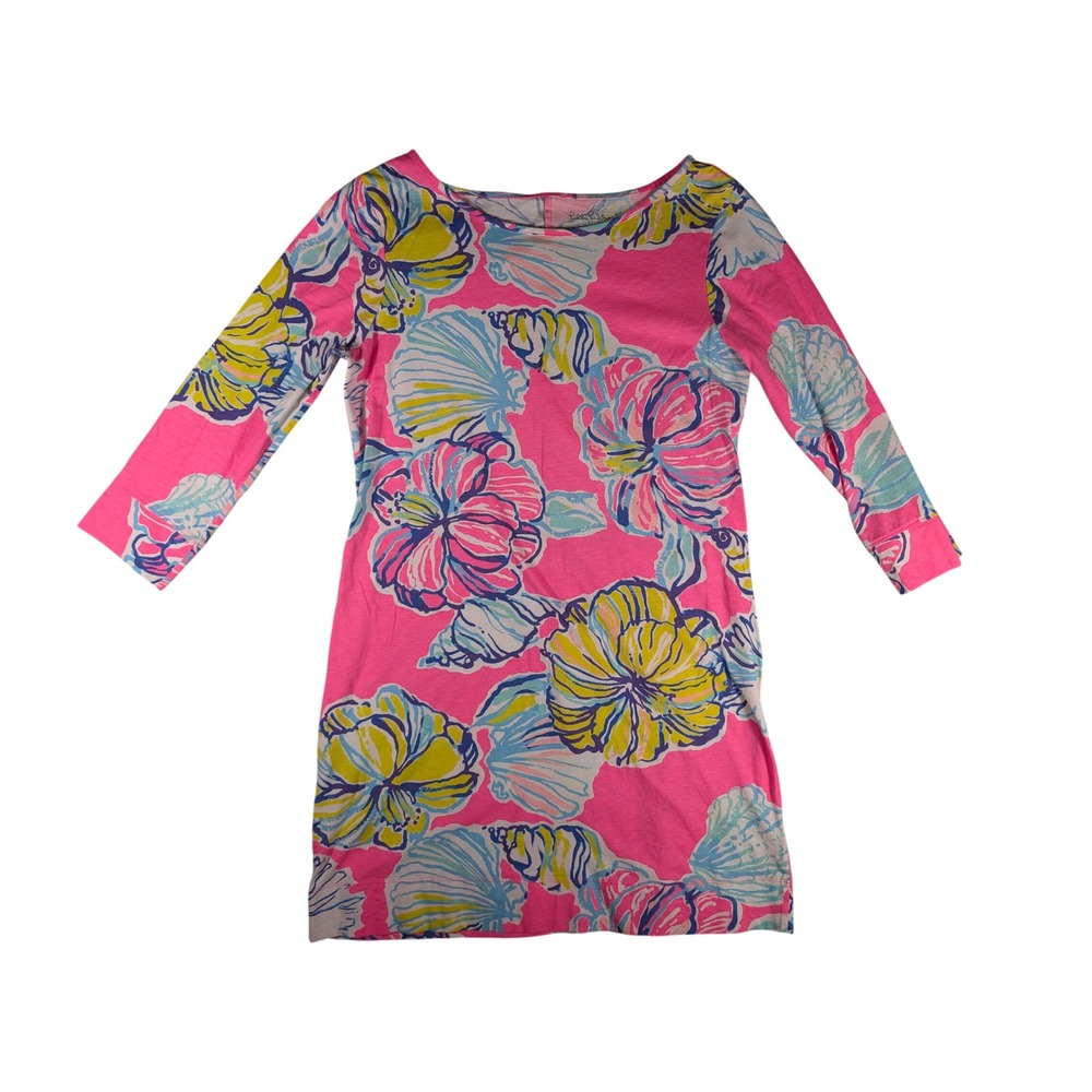 Lilly Pulitzer Pink Floral Shell Pima Cotton 3/4 Sleeve Shift Dress Women Large